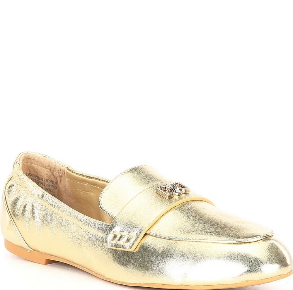 Deltan Women's James Gold Leather Logo Hardware Loafers Size 6 - Picture 2 of 8